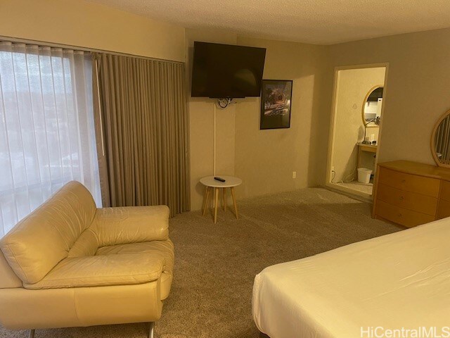 bedroom featuring multiple windows, carpet floors, and a textured ceiling