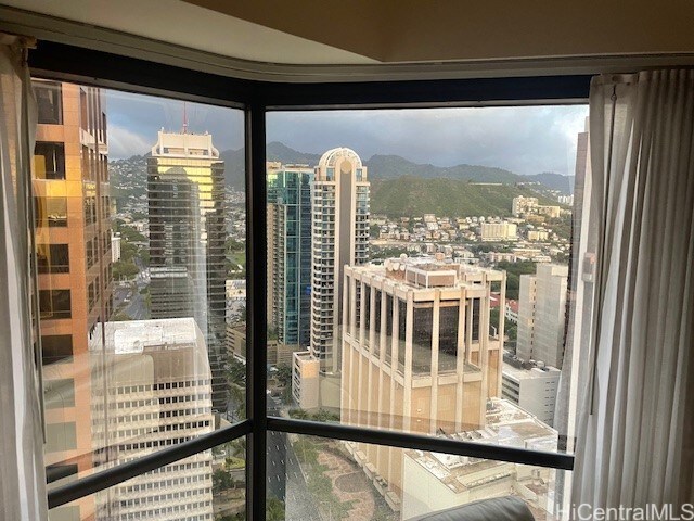 interior space with a mountain view
