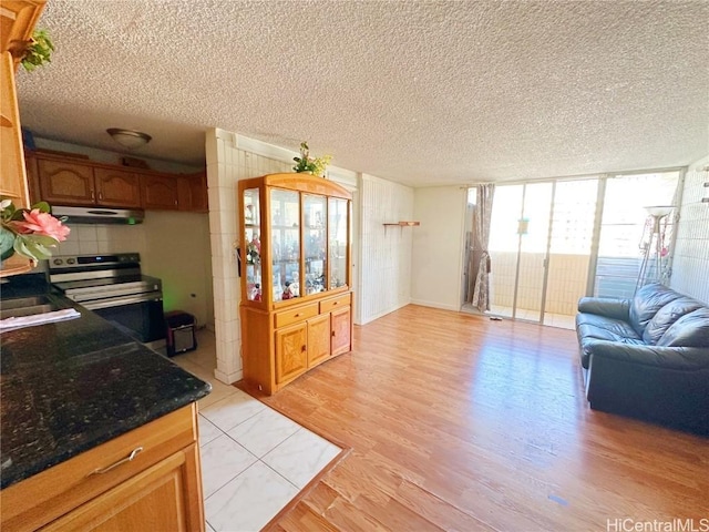 kitchen with extractor fan, electric stove, sink, a textured ceiling, and light hardwood / wood-style flooring