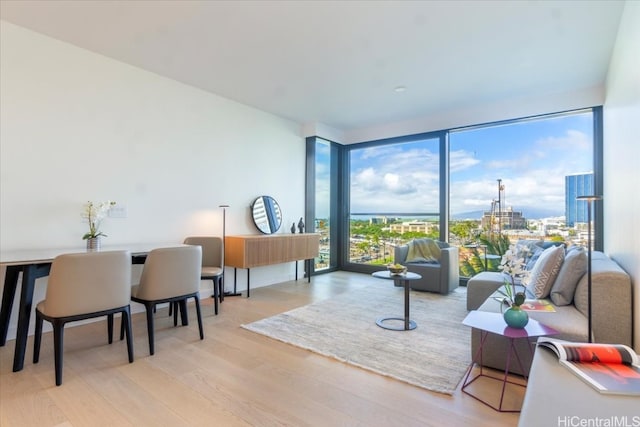 living room with light hardwood / wood-style floors and floor to ceiling windows