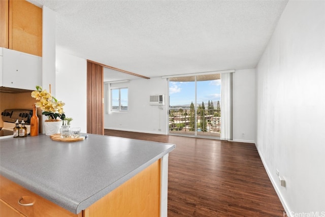 kitchen featuring dark wood-type flooring, an AC wall unit, a wall of windows, and a textured ceiling