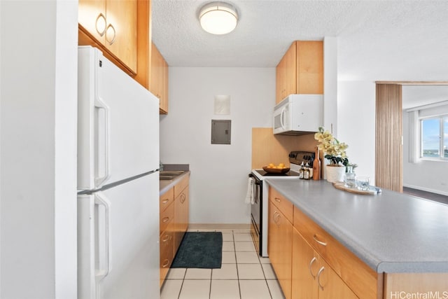 kitchen featuring a textured ceiling, electric panel, light tile patterned flooring, and white appliances