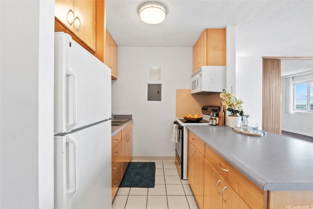 98-1038 Moanalua Rd Unit 1102, Aiea, HI 96701 - kitchen featuring white appliances, electric panel, a peninsula, light tile patterned flooring, and a textured ceiling