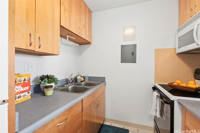 kitchen with electric panel, range with electric cooktop, sink, and a textured ceiling