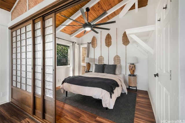 bedroom with wooden ceiling, dark wood-type flooring, ceiling fan, and lofted ceiling with beams