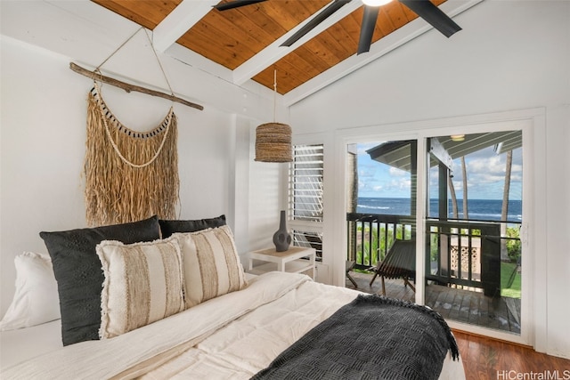 bedroom with dark hardwood / wood-style flooring, lofted ceiling with beams, access to outside, a water view, and wood ceiling