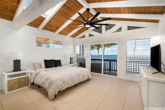 bedroom featuring access to exterior, beam ceiling, wooden ceiling, and light tile patterned flooring