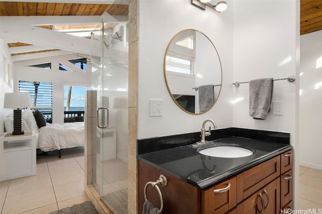 bathroom with tile patterned floors, wood ceiling, and vaulted ceiling