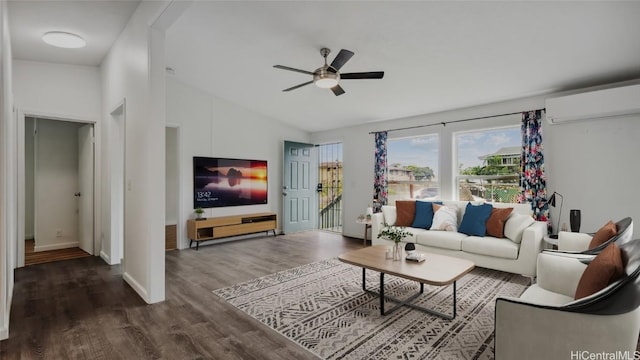 living room featuring an AC wall unit, ceiling fan, and hardwood / wood-style flooring