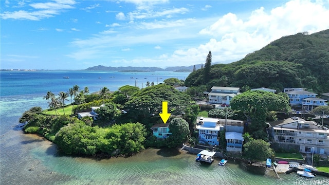 bird's eye view featuring a water and mountain view