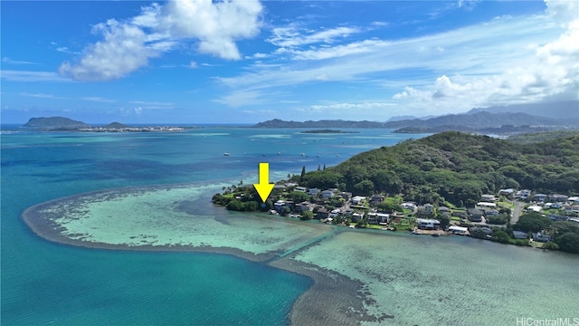 aerial view featuring a water and mountain view