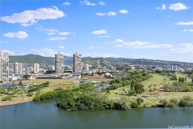 birds eye view of property with a water and mountain view