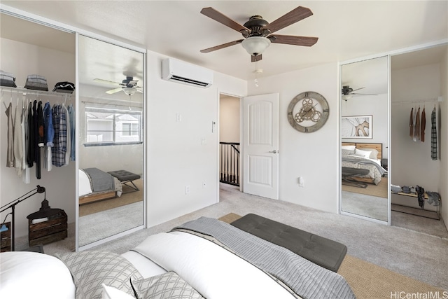 bedroom featuring an AC wall unit, ceiling fan, and light colored carpet