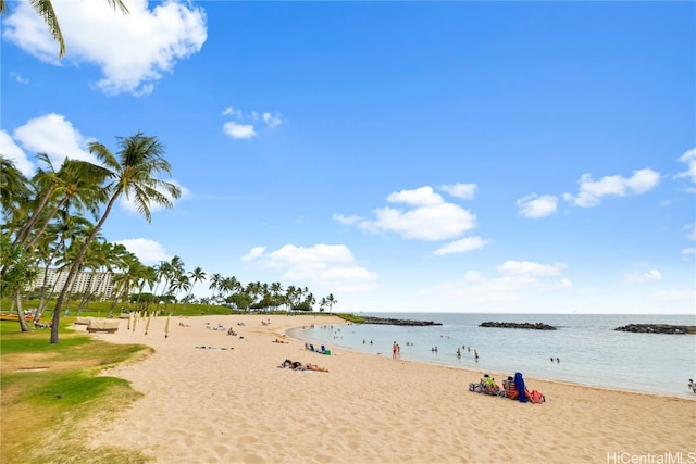 view of water feature featuring a beach view