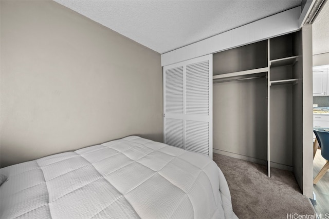 bedroom featuring carpet flooring, a textured ceiling, and a closet