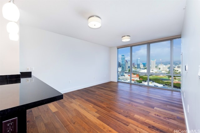 interior space with dark hardwood / wood-style flooring and a wall of windows