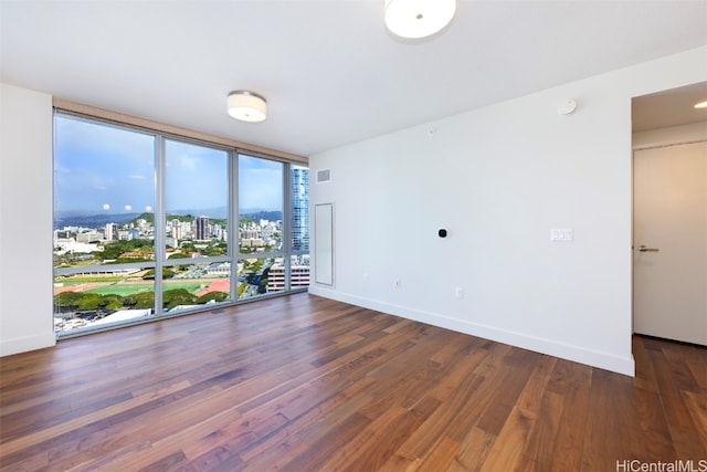 empty room featuring expansive windows and dark wood-type flooring