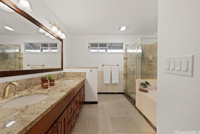 bathroom featuring vanity, tile patterned floors, and independent shower and bath