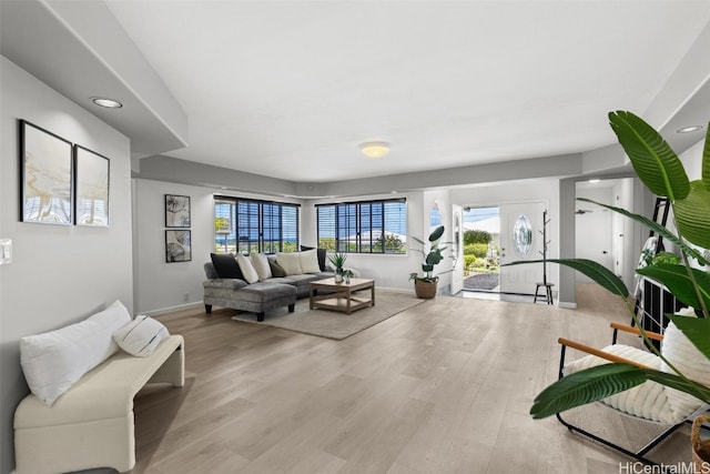 living room with light hardwood / wood-style flooring