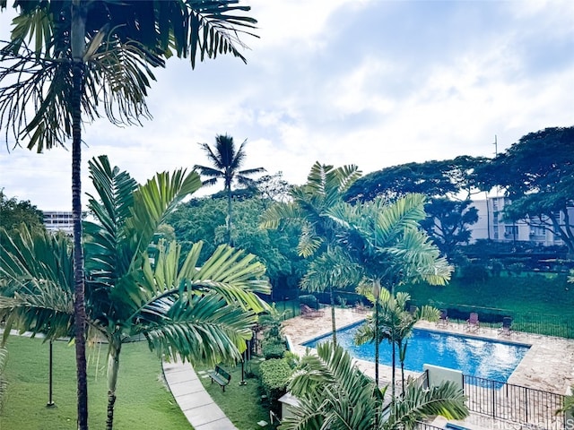 view of swimming pool with a lawn