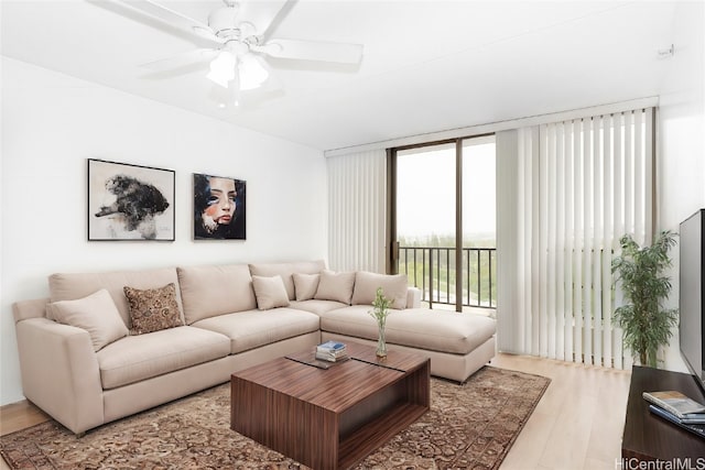 living room featuring ceiling fan and light wood-type flooring