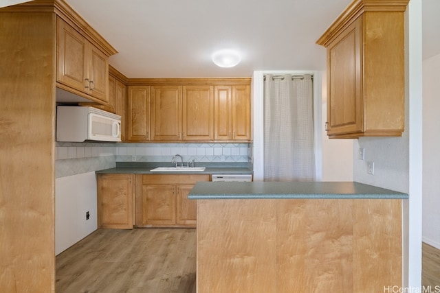 kitchen with decorative backsplash, light hardwood / wood-style floors, and sink