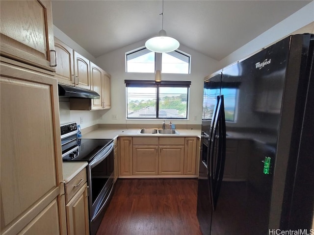 kitchen with black fridge with ice dispenser, lofted ceiling, under cabinet range hood, stainless steel range with electric stovetop, and a sink