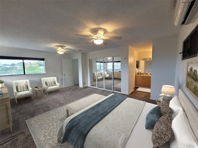 99-733 Meaala St, Aiea, HI 96701 - bedroom with a wall mounted AC, a textured ceiling, dark carpet, and ceiling fan