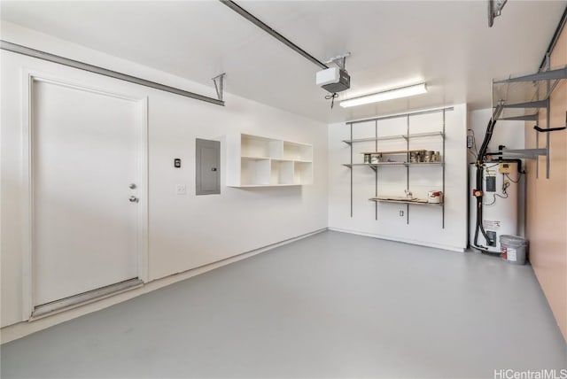 garage featuring water heater, electric panel, and a garage door opener