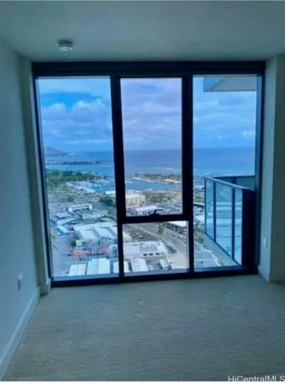 interior space with carpet floors and a water view