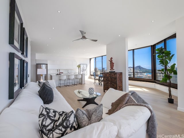 living room with a wealth of natural light, a mountain view, light hardwood / wood-style floors, and a wall of windows