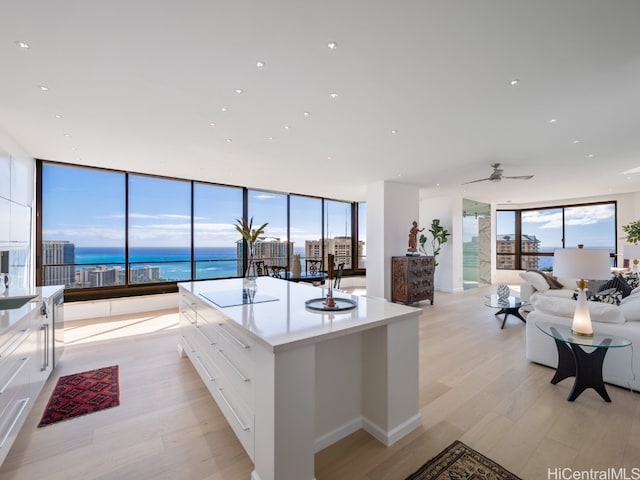 kitchen featuring expansive windows, white cabinetry, a water view, and light hardwood / wood-style floors