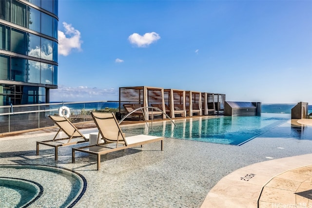 view of swimming pool with a water view