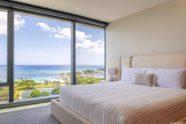 1108 Auahi St Unit 1300, Honolulu, HI 96814 - carpeted bedroom featuring multiple windows, a water view, and expansive windows