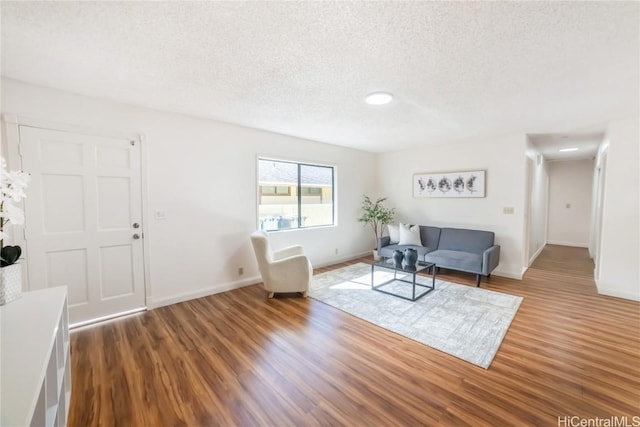 living room with a textured ceiling and hardwood / wood-style flooring