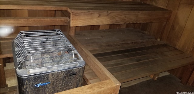 view of sauna / steam room with wooden walls