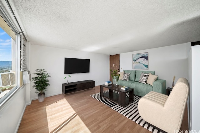 living room with light hardwood / wood-style floors and a textured ceiling