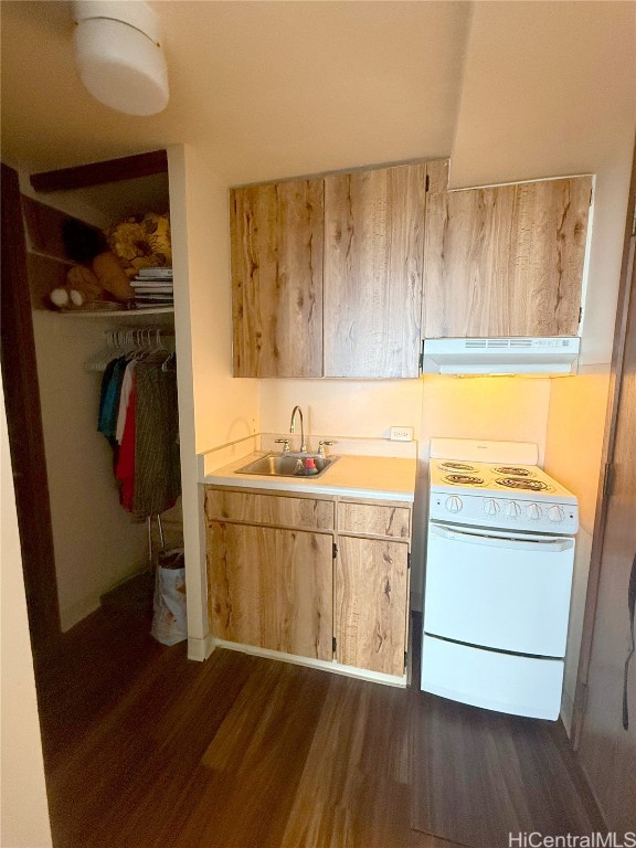 kitchen with white stove, light brown cabinets, sink, and dark hardwood / wood-style floors