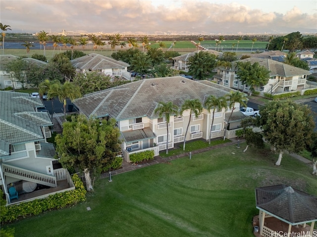 view of aerial view at dusk