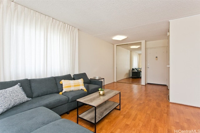 living room with light wood-type flooring and a textured ceiling