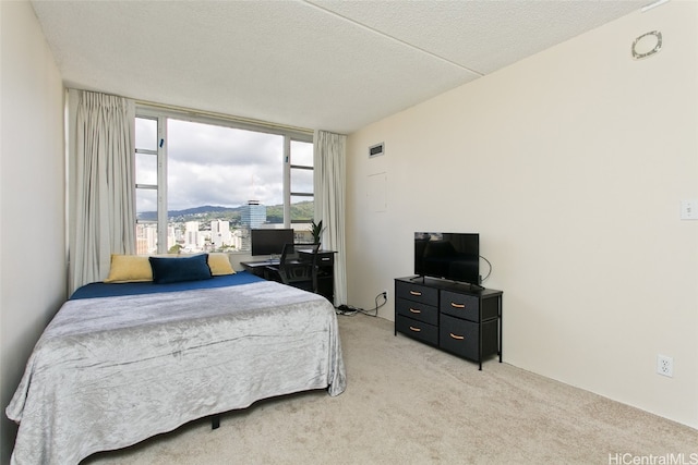 bedroom featuring light colored carpet and a textured ceiling