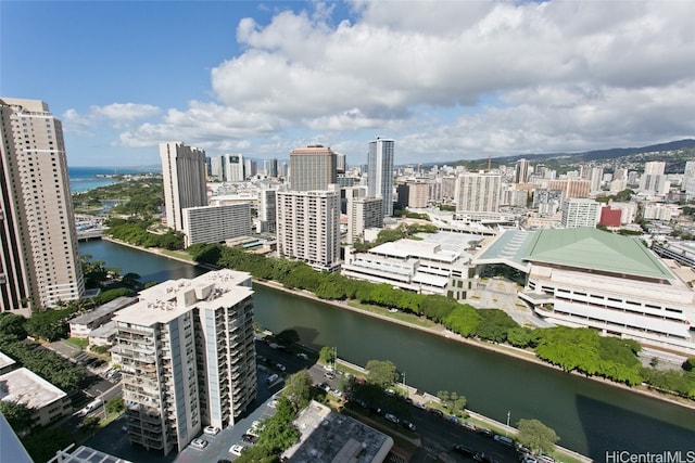 bird's eye view with a water view