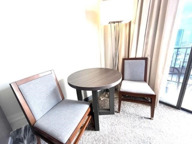 sitting room featuring light colored carpet