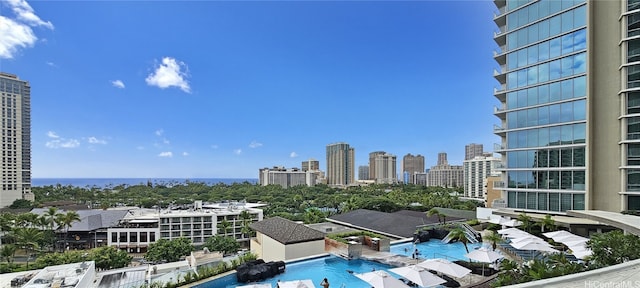 view of swimming pool with a water view