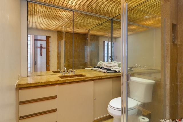 bathroom with vanity, toilet, and an enclosed shower