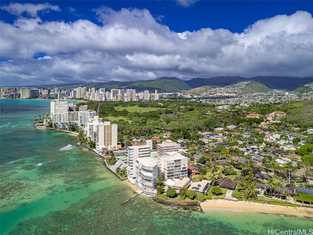 bird's eye view with a water and mountain view