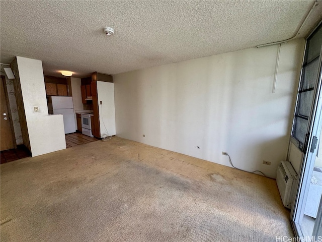 unfurnished living room featuring light colored carpet and a textured ceiling