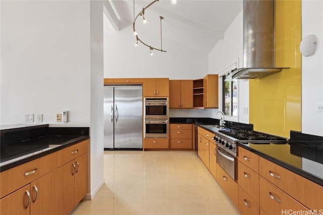 kitchen with dark stone countertops, ventilation hood, sink, and premium appliances