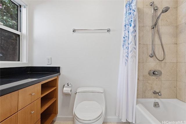 full bathroom featuring vanity, shower / bath combination with curtain, and toilet