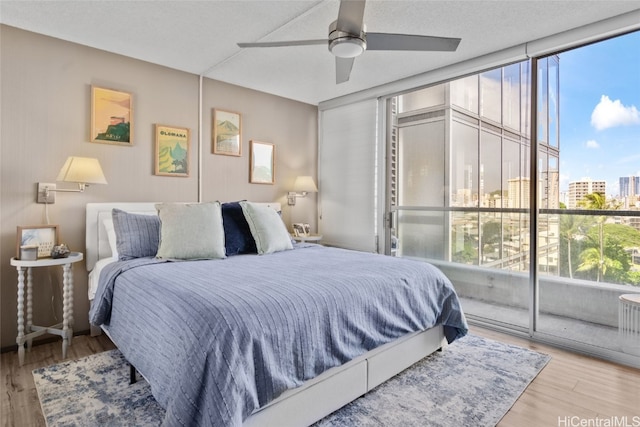 bedroom with wood-type flooring, ceiling fan, multiple windows, and a textured ceiling